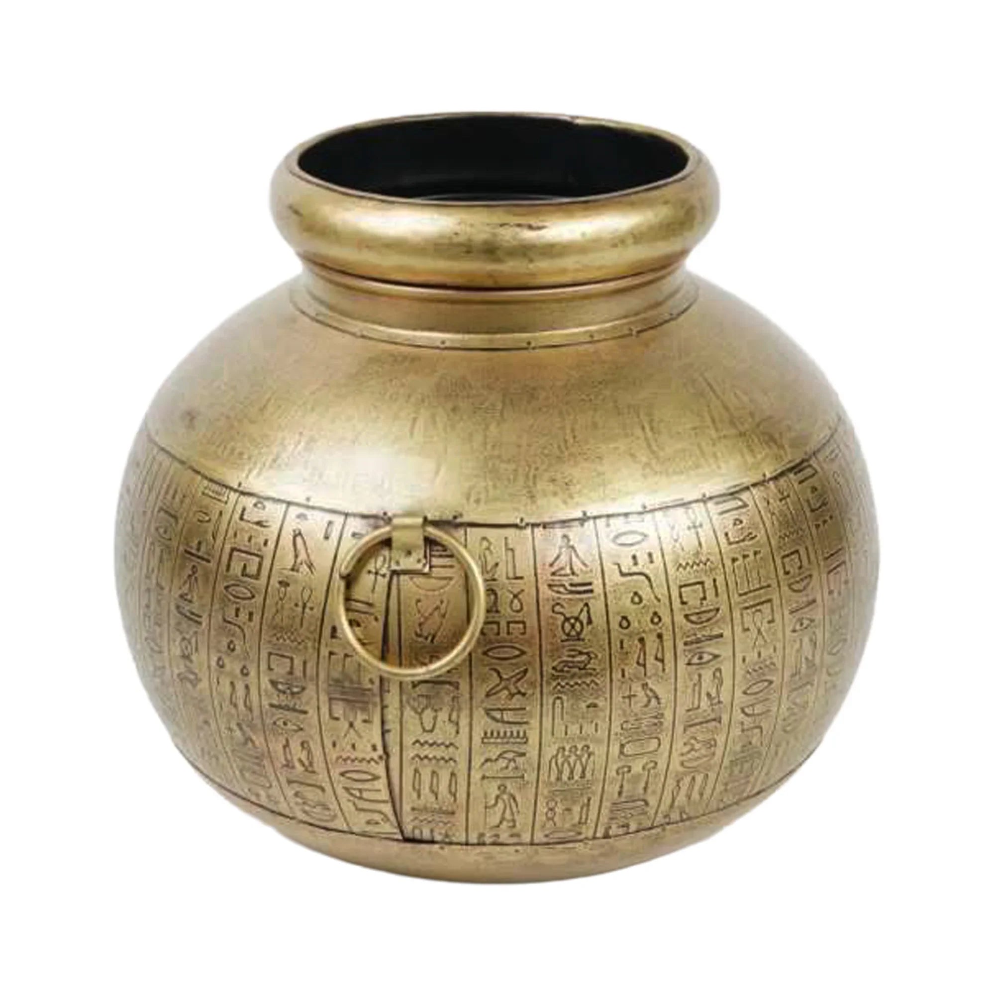 Large Iron Matka with Egyptian Hieroglyph Acid Etching – Decorative Antique Pot