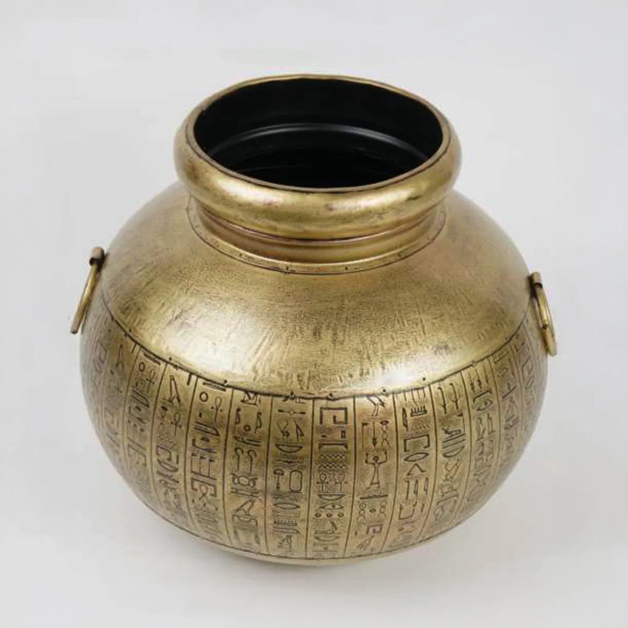 Large Iron Matka with Egyptian Hieroglyph Acid Etching – Decorative Antique Pot