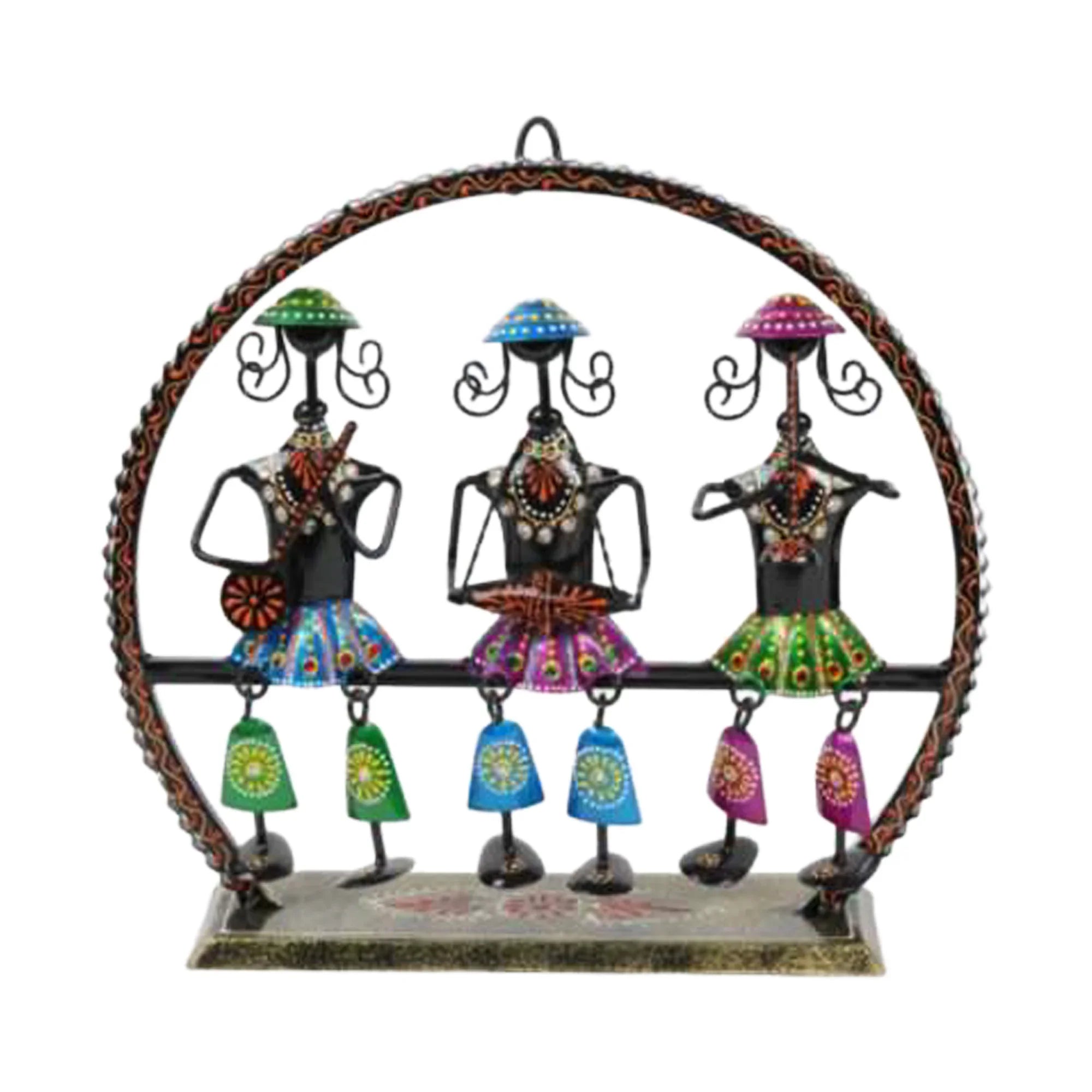 Black Metal 3-Doll Swing with Large Arched Bench – Handcrafted Folk Art Showpiece