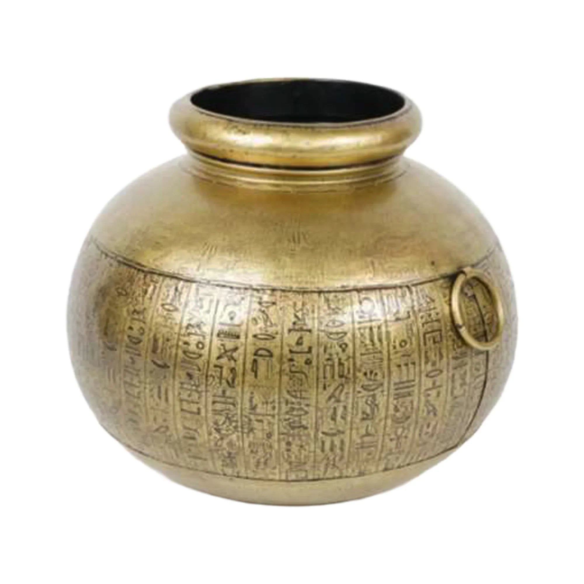 Small Iron Matka with Egyptian Hieroglyphic Acid Etching – Decorative Accent Pot