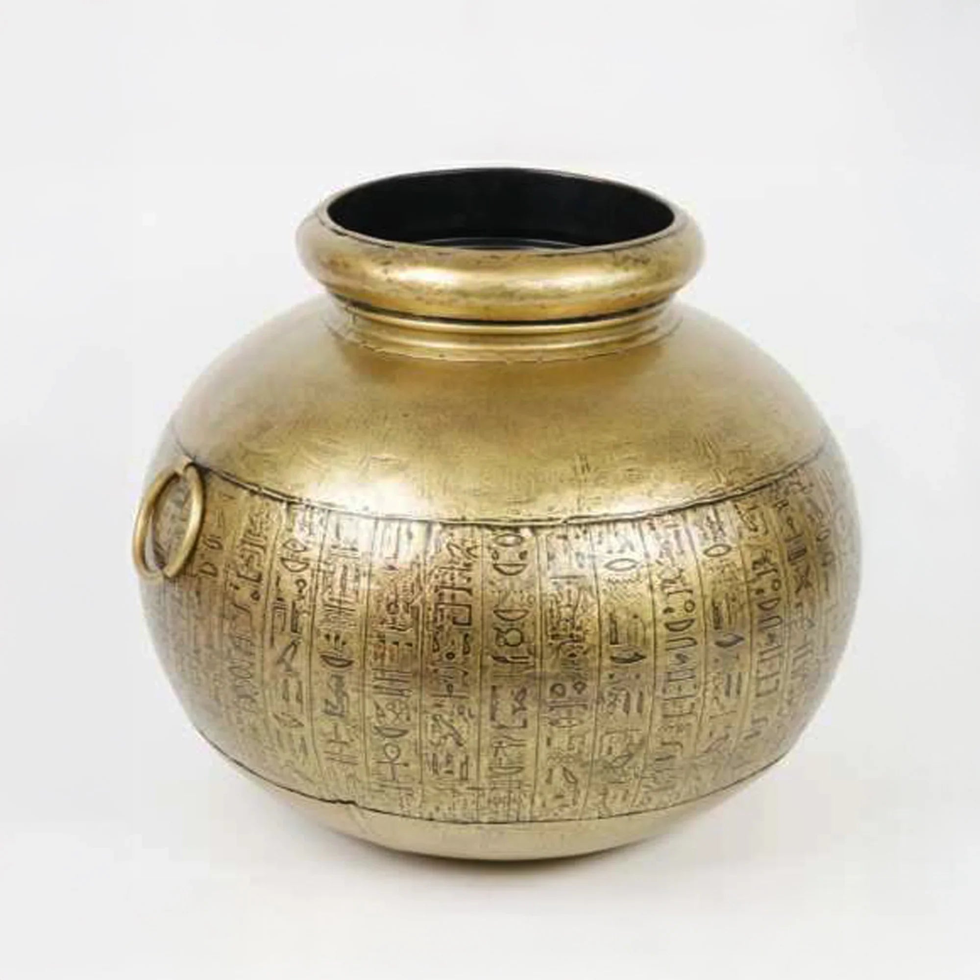 Small Iron Matka with Egyptian Hieroglyphic Acid Etching – Decorative Accent Pot