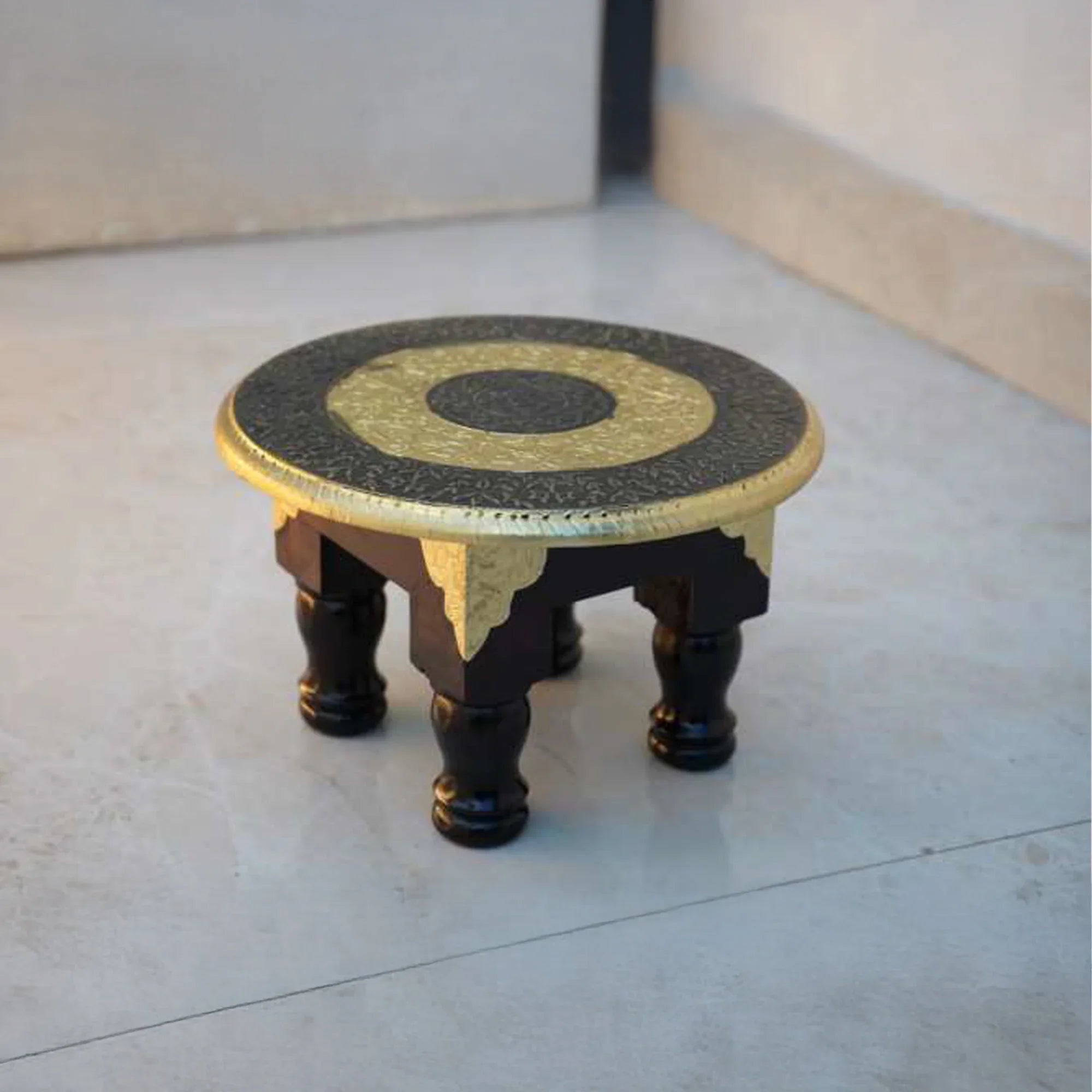 Handcrafted Small Wooden Round Table with Brass Inlay – Decorative Accent Furniture