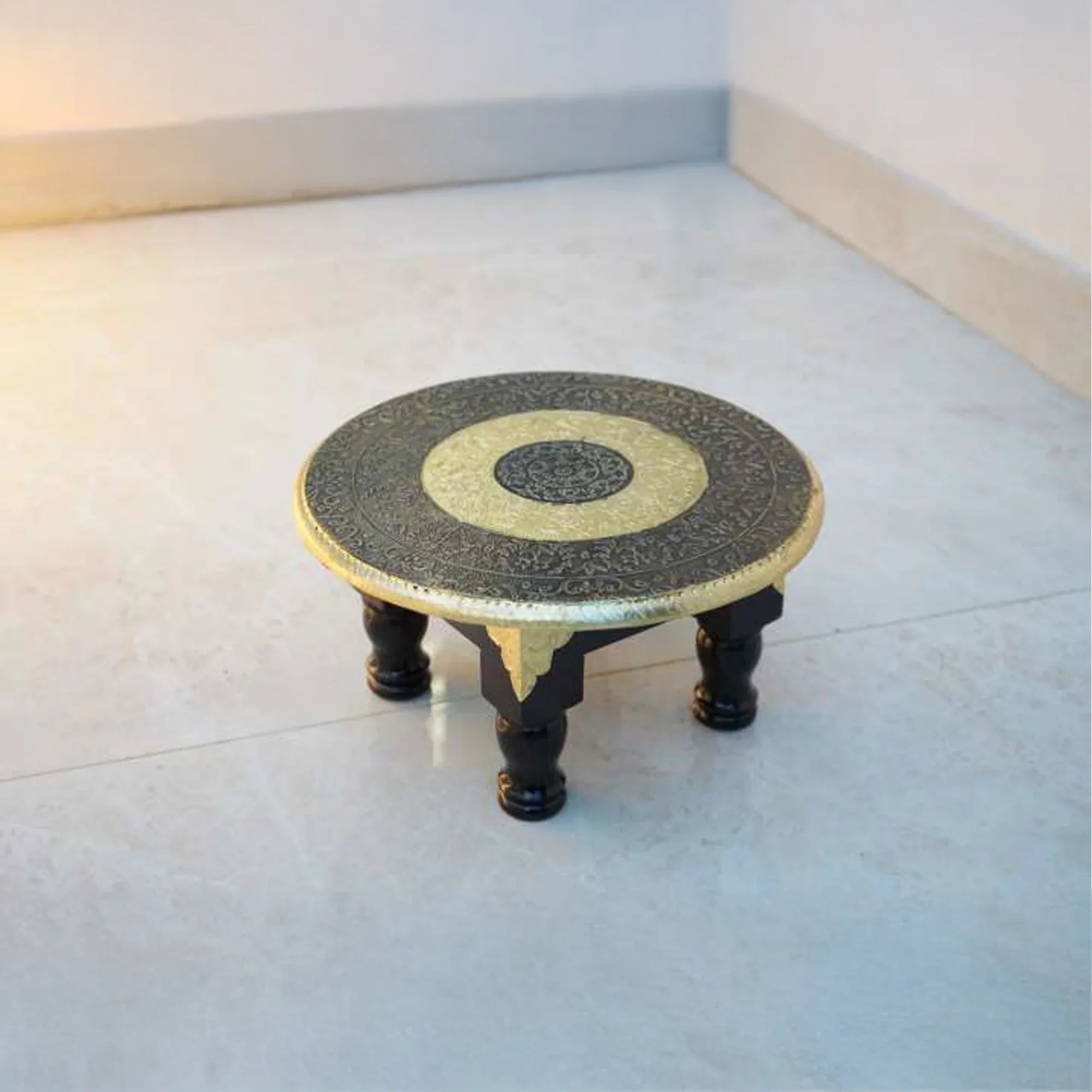 Handcrafted Medium Wooden Round Table with Brass Inlay – Ethnic Accent Furniture