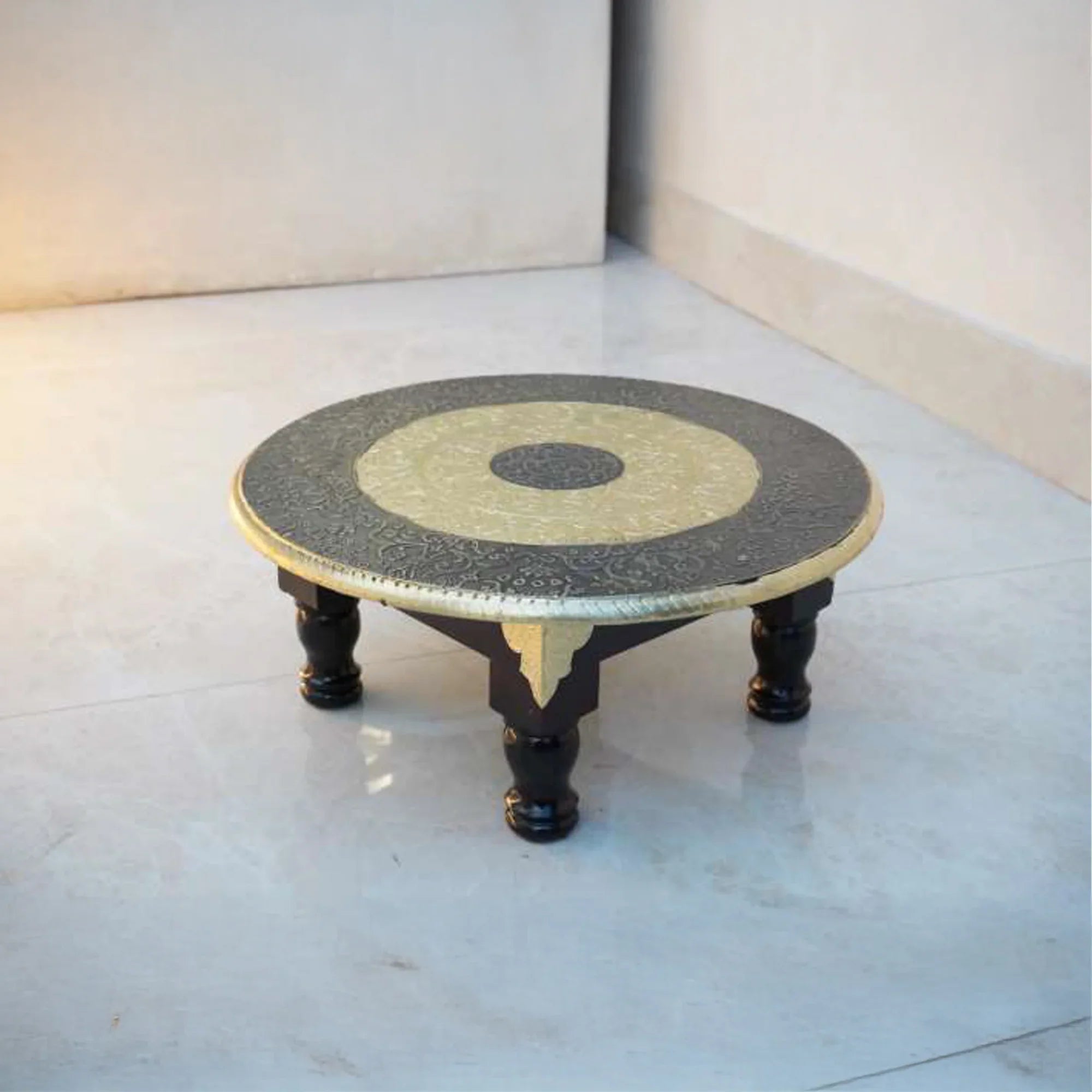 Handcrafted Large Wooden Round Table with Brass Inlay – Premium Ethnic Accent Table