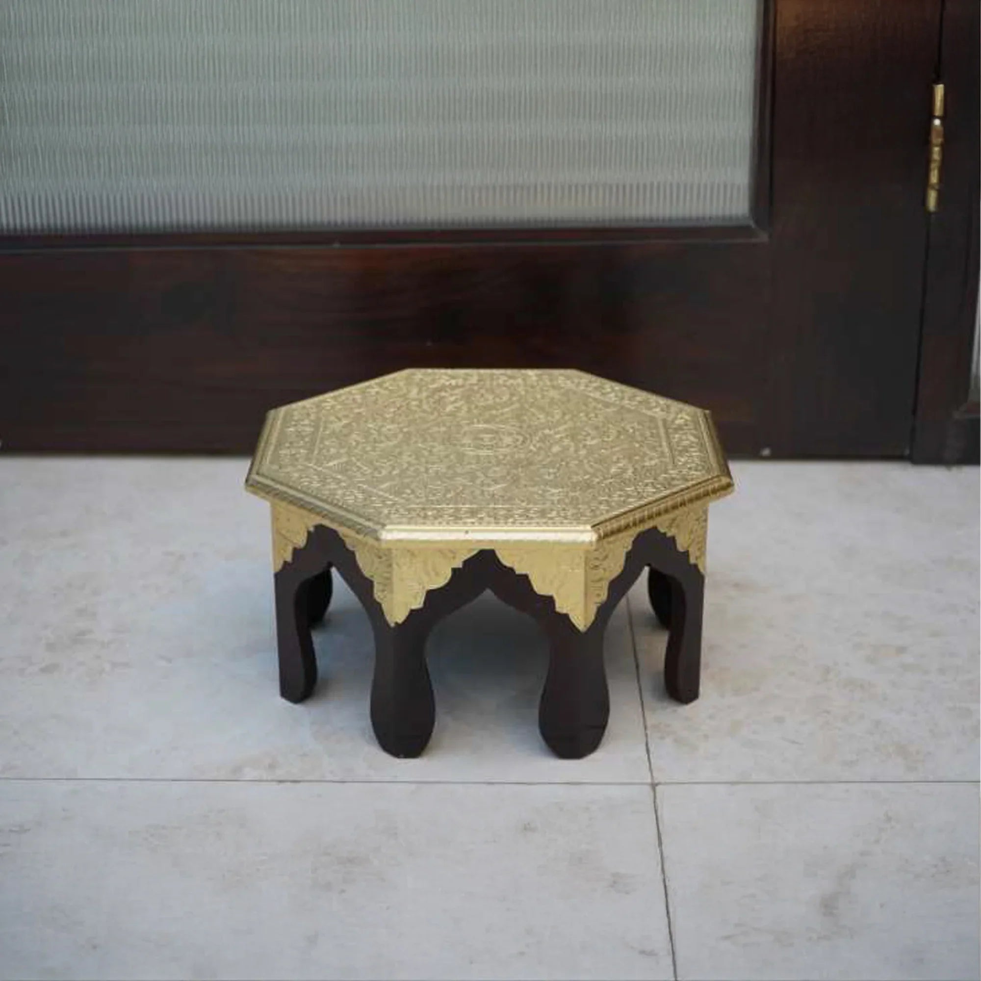 Handcrafted Wooden Hexagonal Bajot with Brass Fittings – Traditional Pooja & Décor Stand