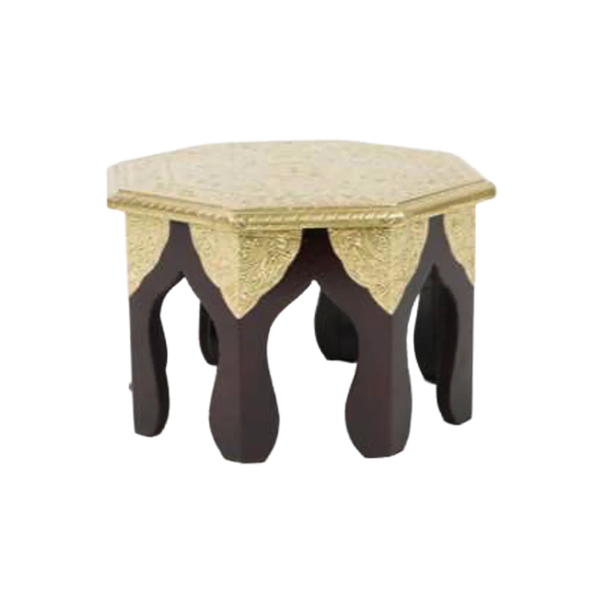 Handcrafted Wooden Hexagonal Bajot with Brass Fittings – Traditional Pooja & Décor Stand