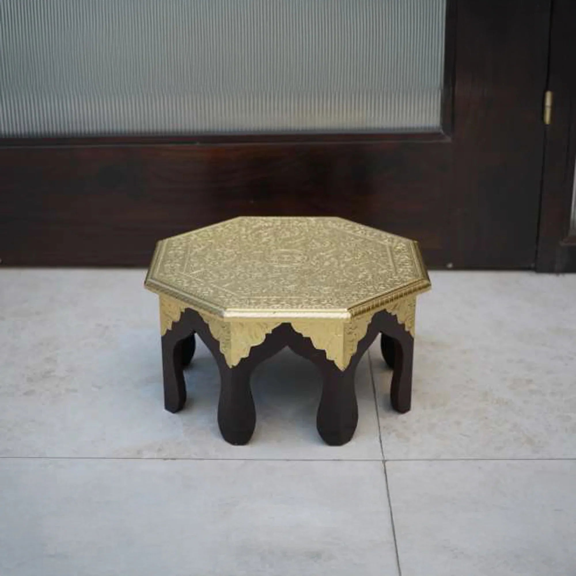 Handcrafted Wooden Hexagonal Bajot with Brass Fittings – Traditional Decorative Pooja Stand