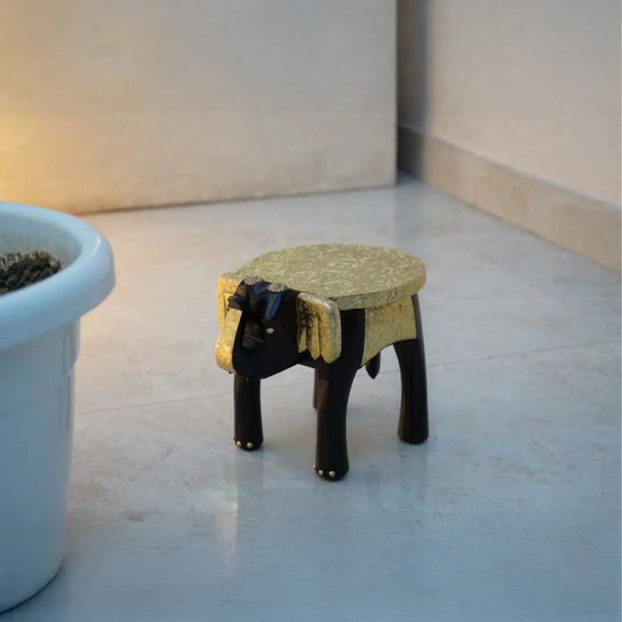 Handcrafted 8" Wooden Elephant Table with Brass Fittings – Ethnic Accent Stool or Stand