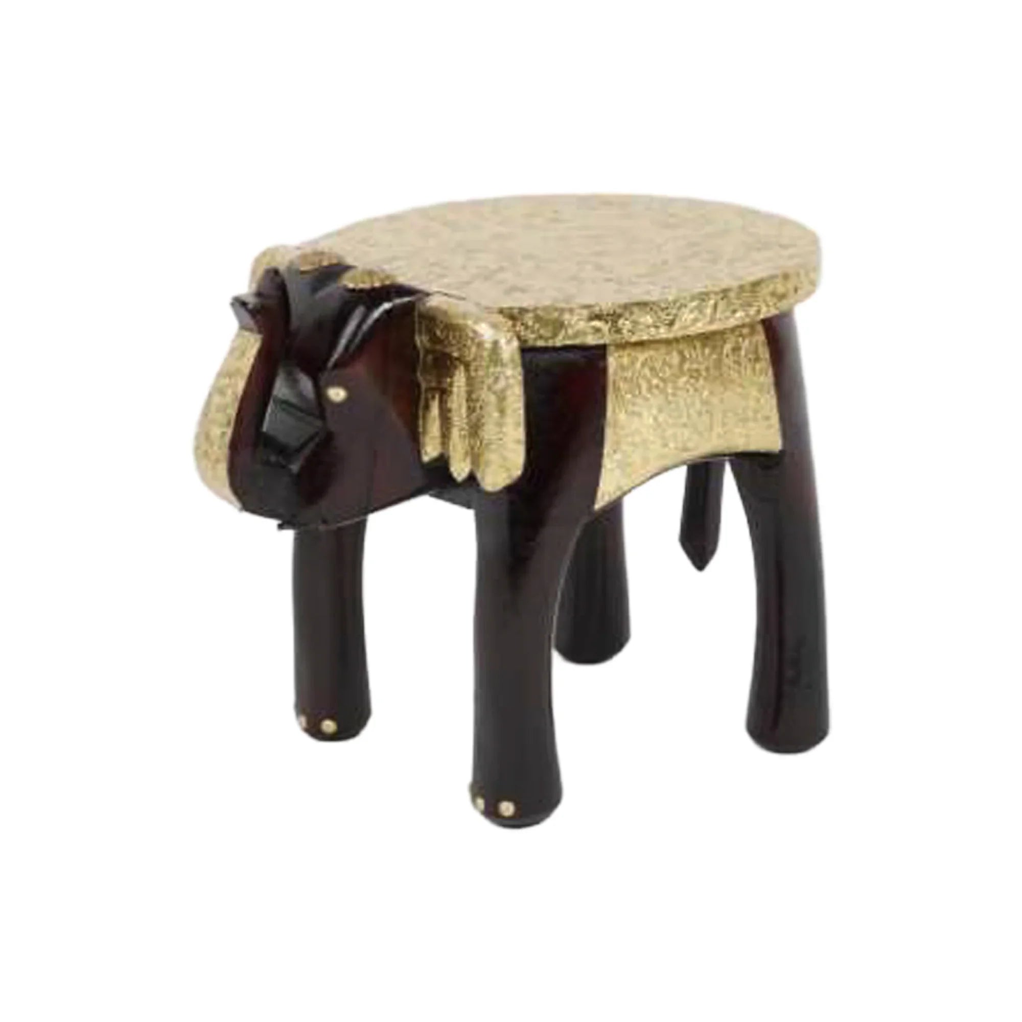 Handcrafted 8" Wooden Elephant Table with Brass Fittings – Ethnic Accent Stool or Stand