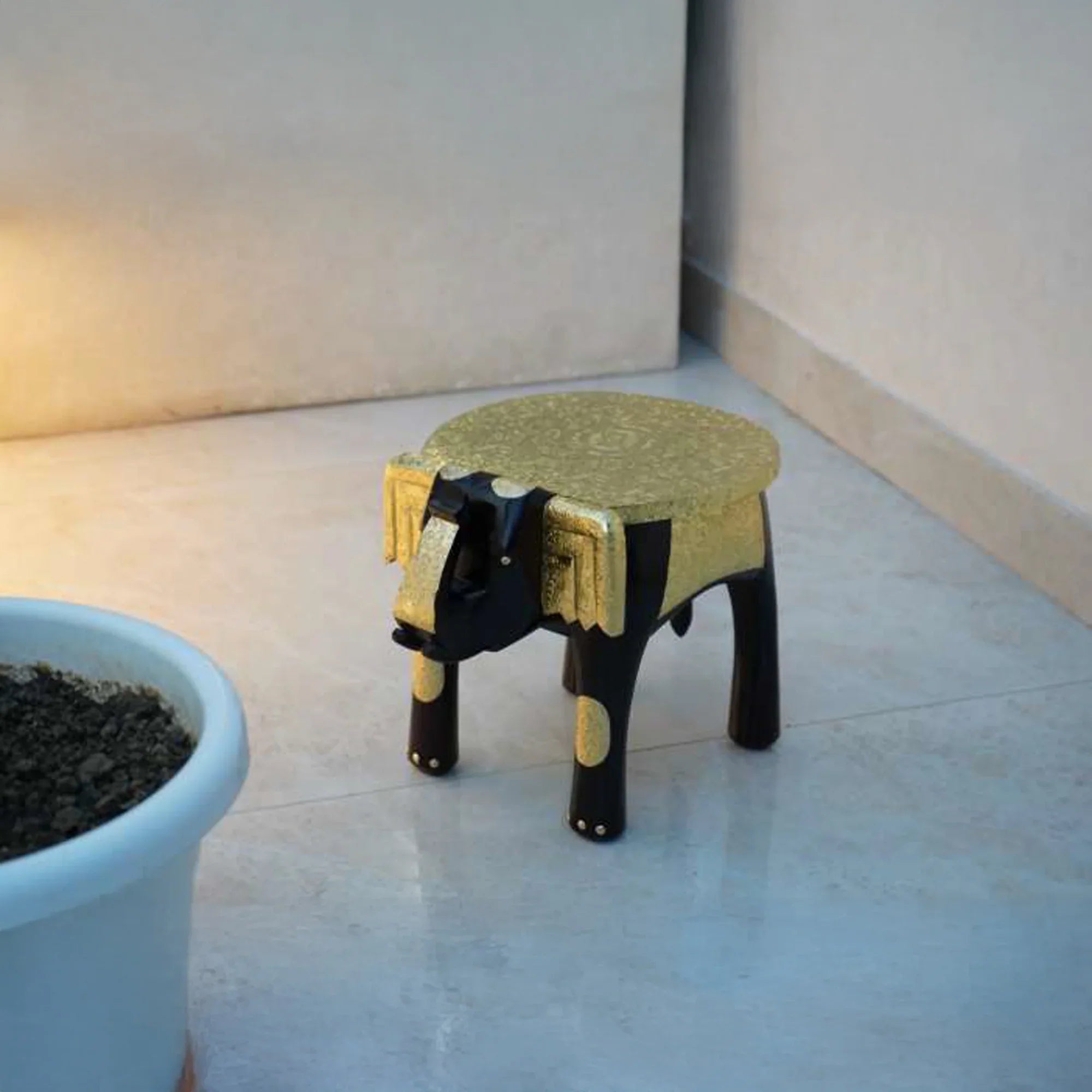 Handcrafted 12" Wooden Elephant Table with Brass Fittings – Traditional Ethnic Accent Table