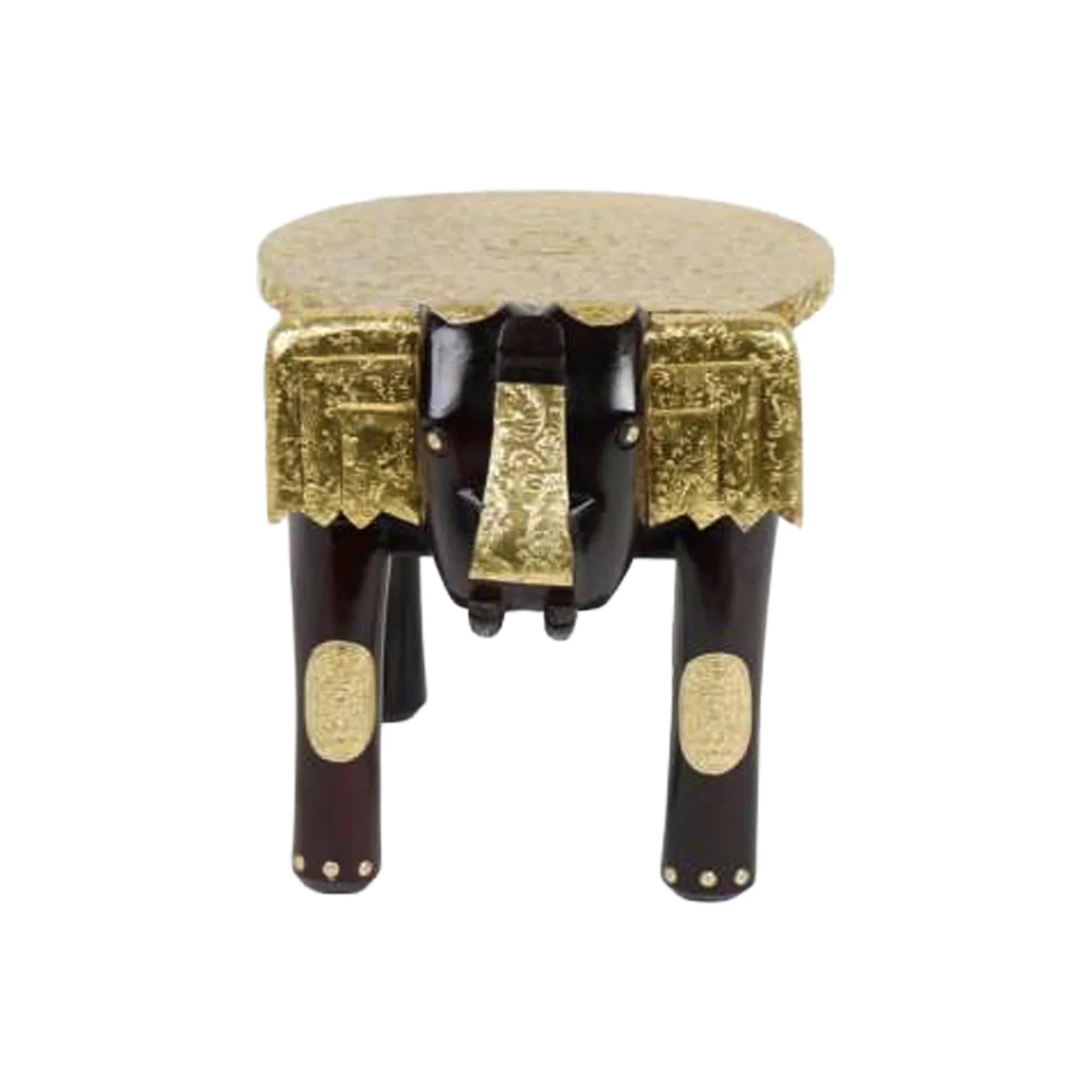 Handcrafted 12" Wooden Elephant Table with Brass Fittings – Traditional Ethnic Accent Table