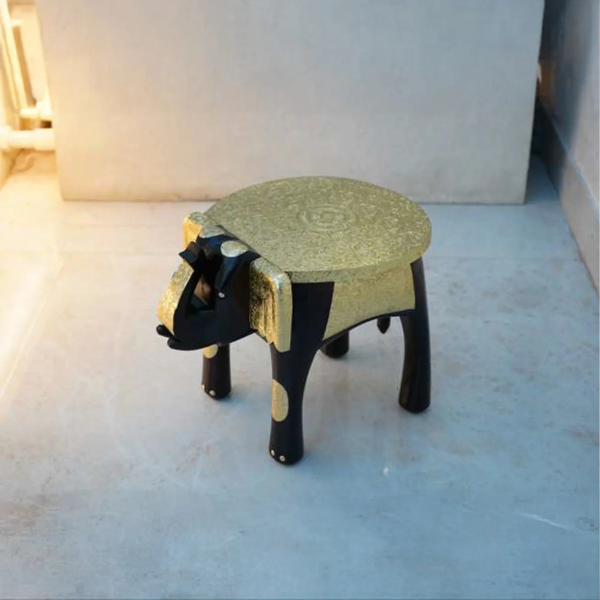 Handcrafted 15" Wooden Elephant Table with Brass Fittings – Traditional Decorative Accent