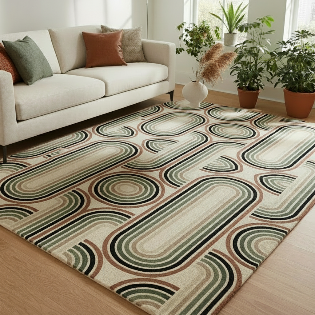 Mid-century modern pattern rug with oval and circular designs in green and beige