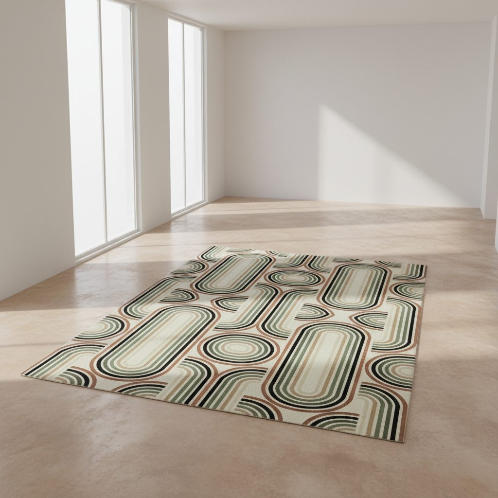 Cream background rug with green curved lines and rust accents