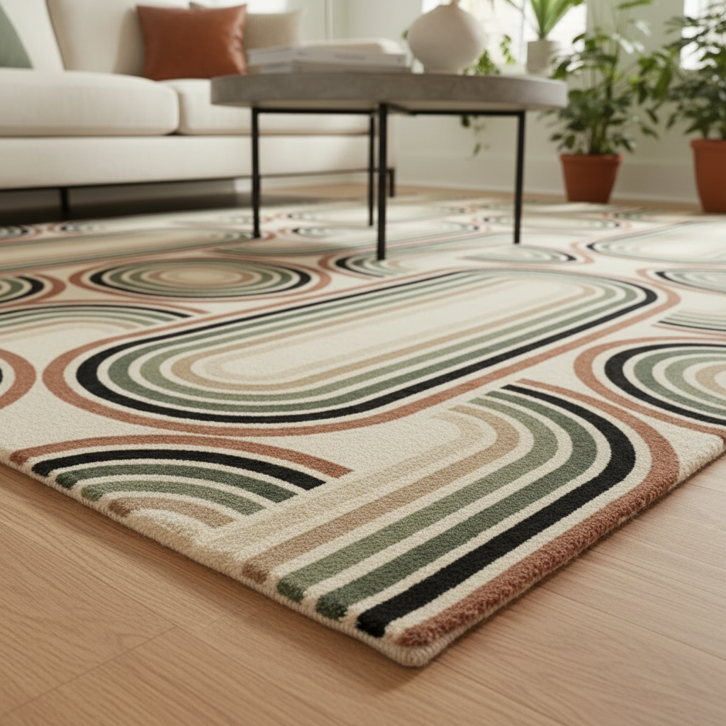 Bold retro design rug with repeating oval and circle motifs in earthy colors
