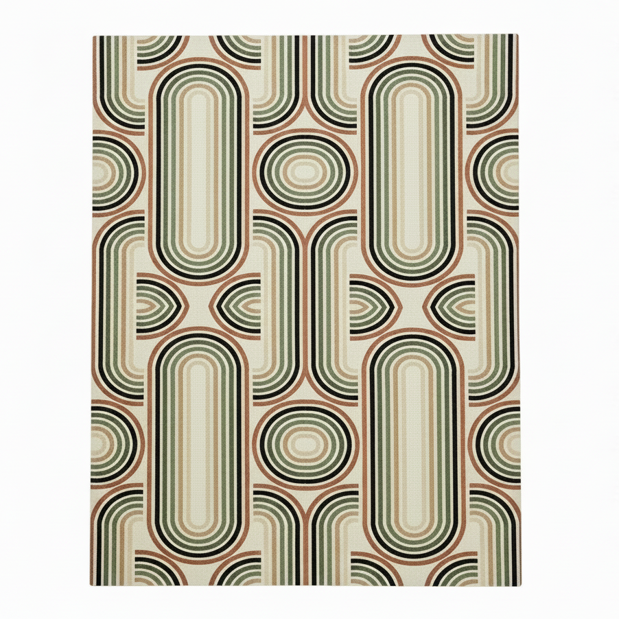 Hand-tufted retro geometric rug in olive green, sage, and rust tones