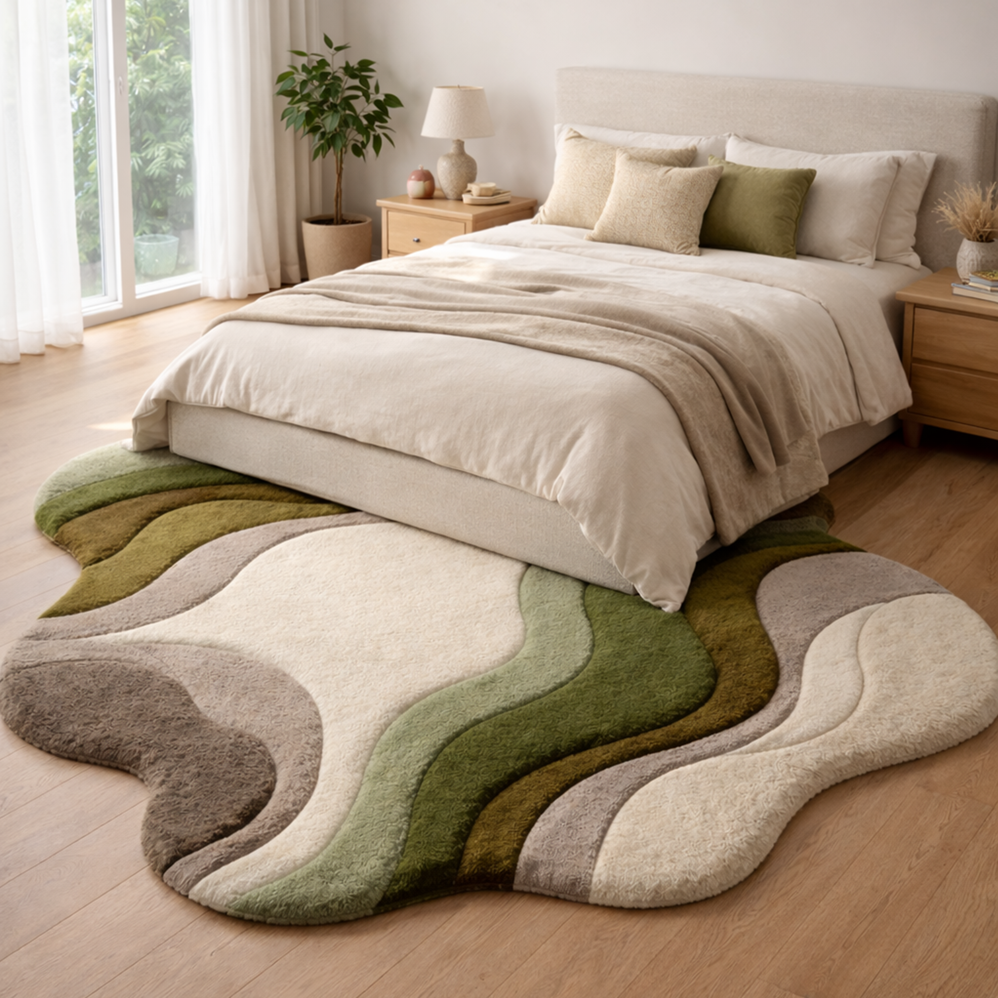 Modern Abstract Handmade Area Rug – Luxury Green & Neutral Wavy Designer Carpet for Living Room | USA Collection