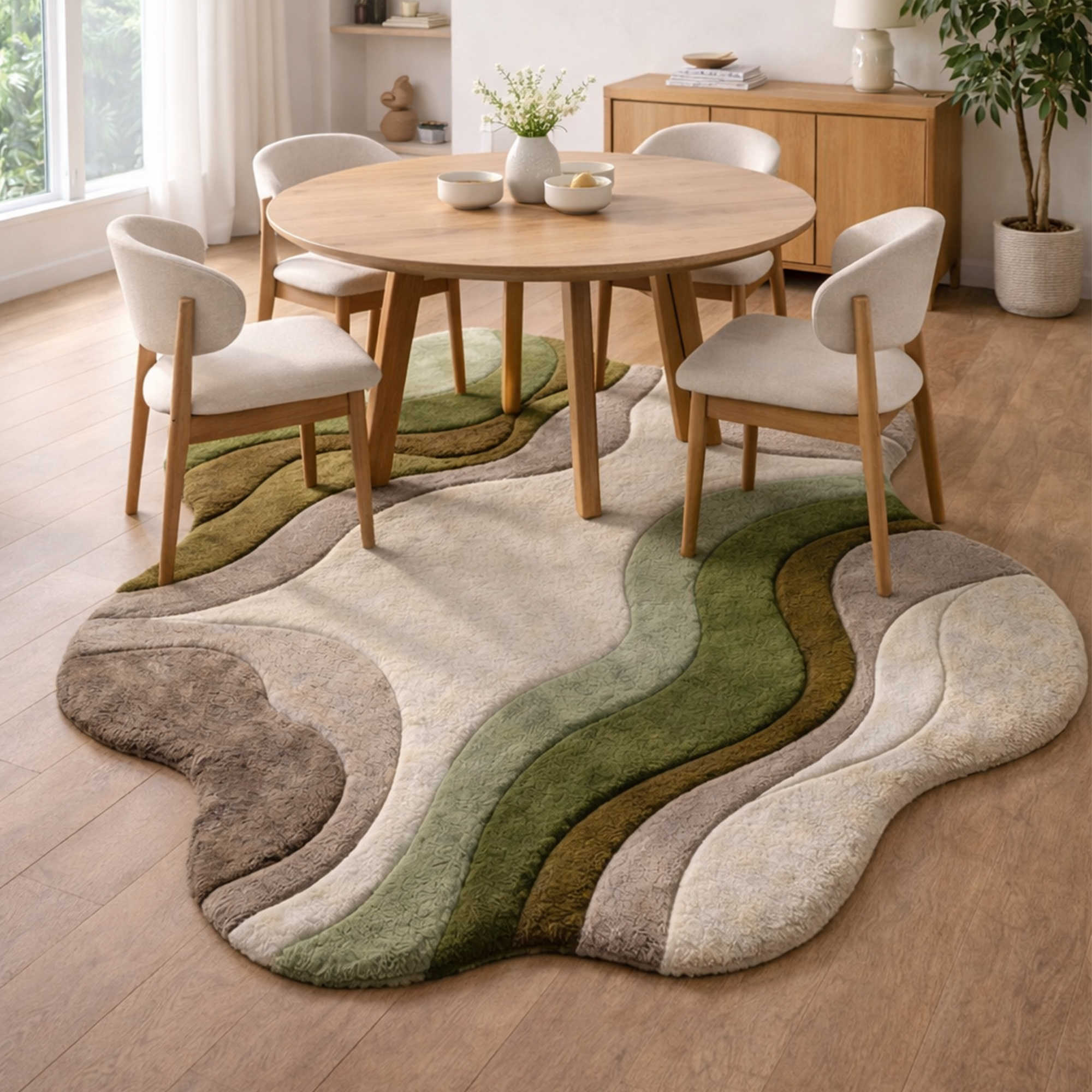 Modern Abstract Handmade Area Rug – Luxury Green & Neutral Wavy Designer Carpet for Living Room | USA Collection
