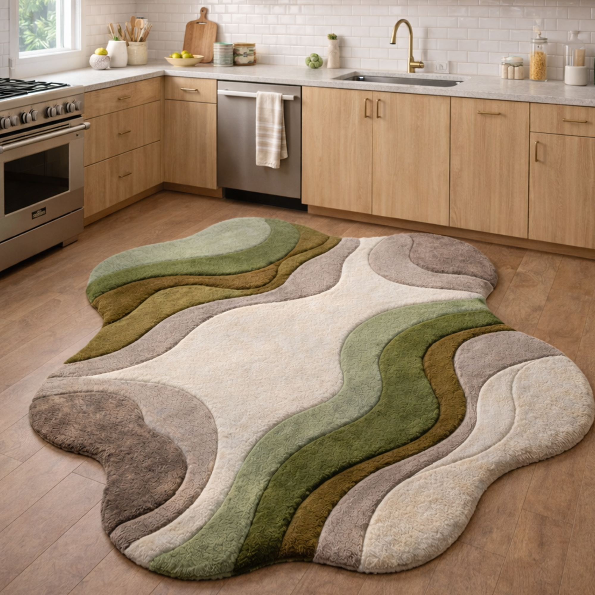 Modern Abstract Handmade Area Rug – Luxury Green & Neutral Wavy Designer Carpet for Living Room | USA Collection