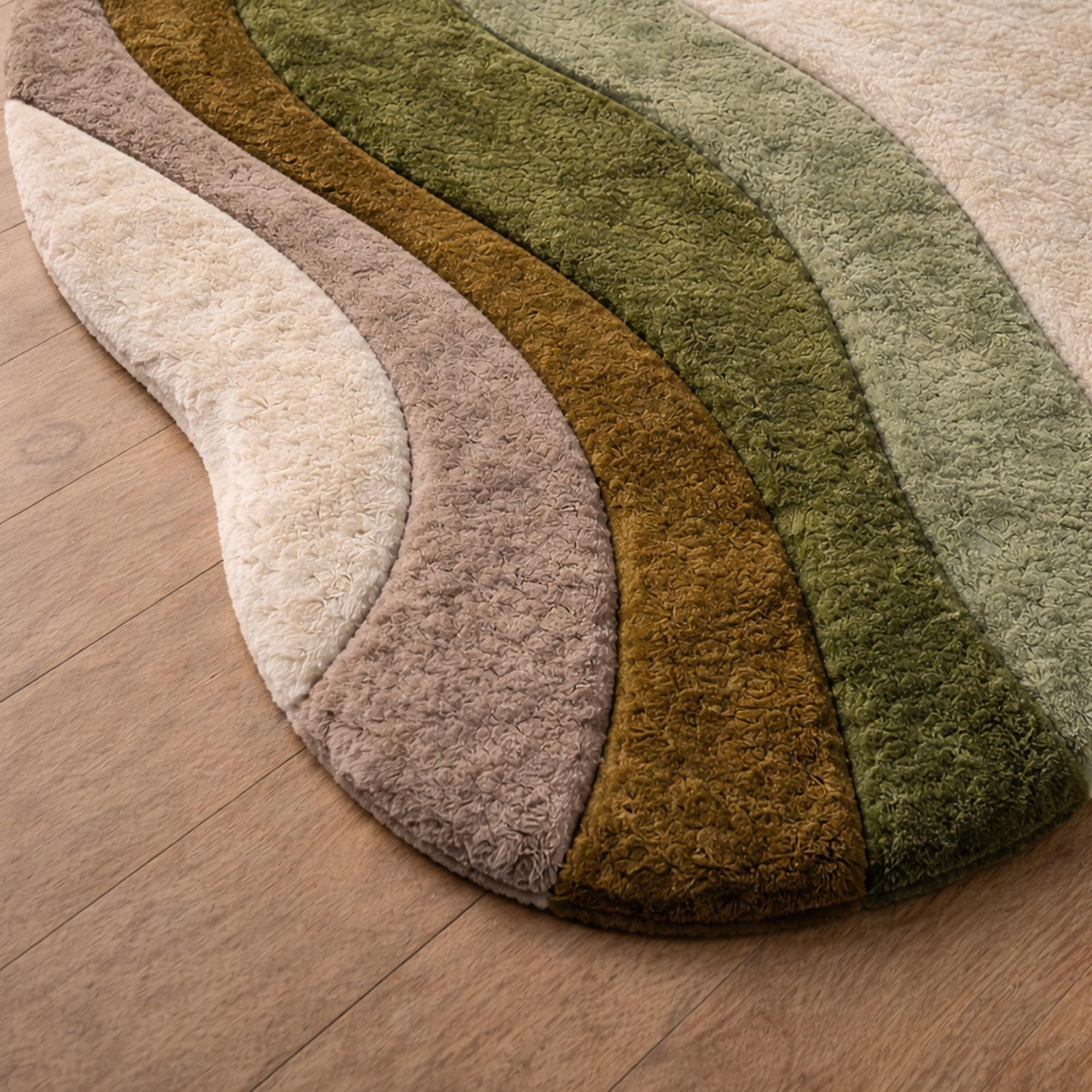 Modern Abstract Handmade Area Rug – Luxury Green & Neutral Wavy Designer Carpet for Living Room | USA Collection
