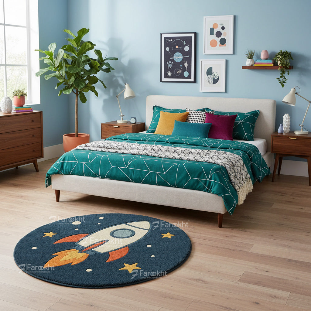 Round wool blend rocket rug with colorful space pattern for children’s home decor.