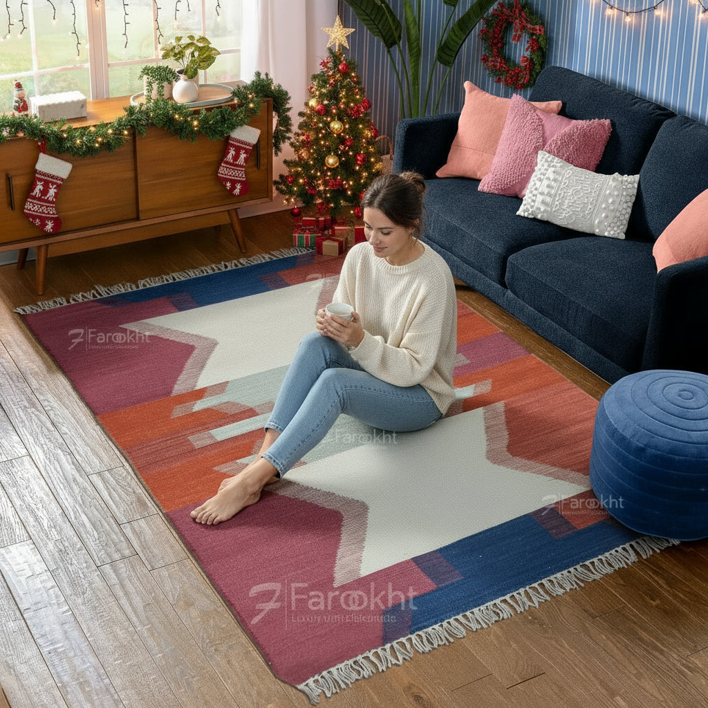 Coral Geometric Handwoven kilim Rug