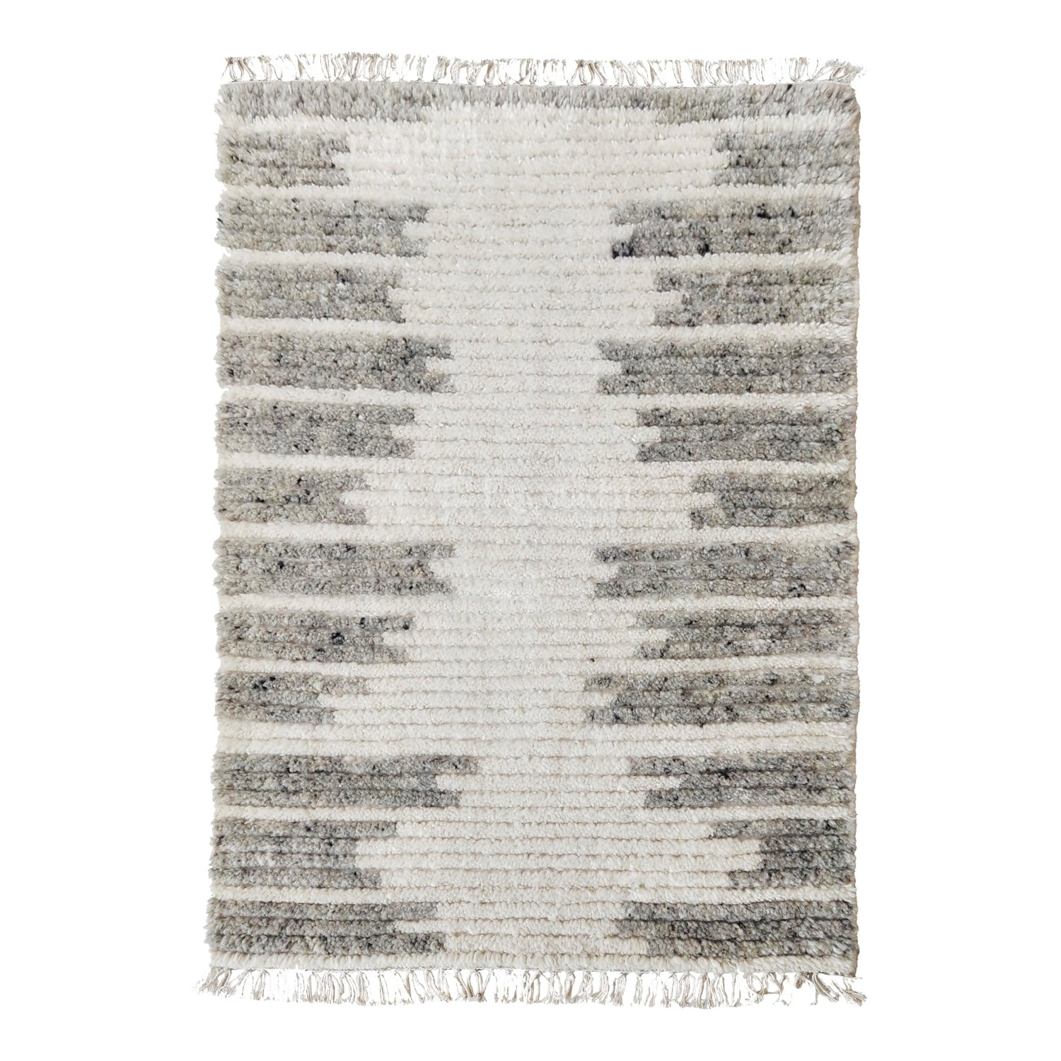 Textured area rug with a striped pattern on a white background