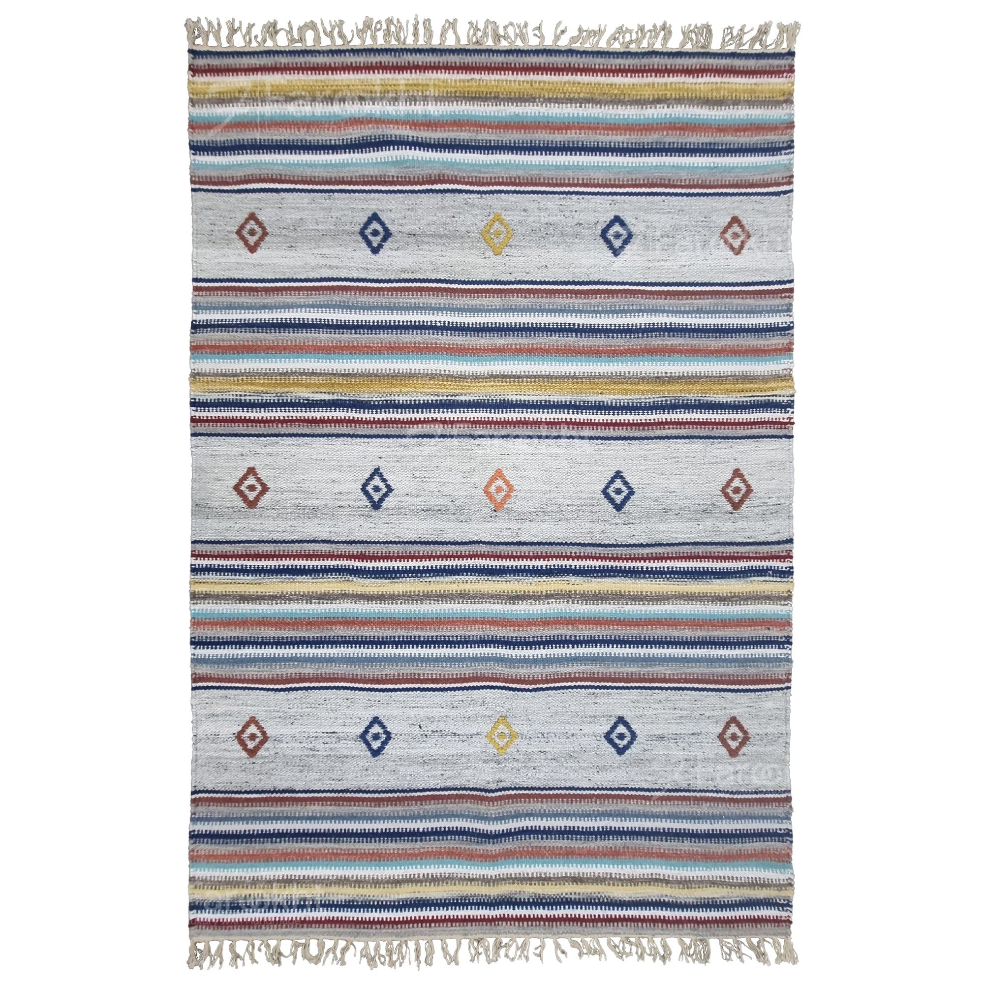 Multicolored striped rug with geometric patterns on a white background