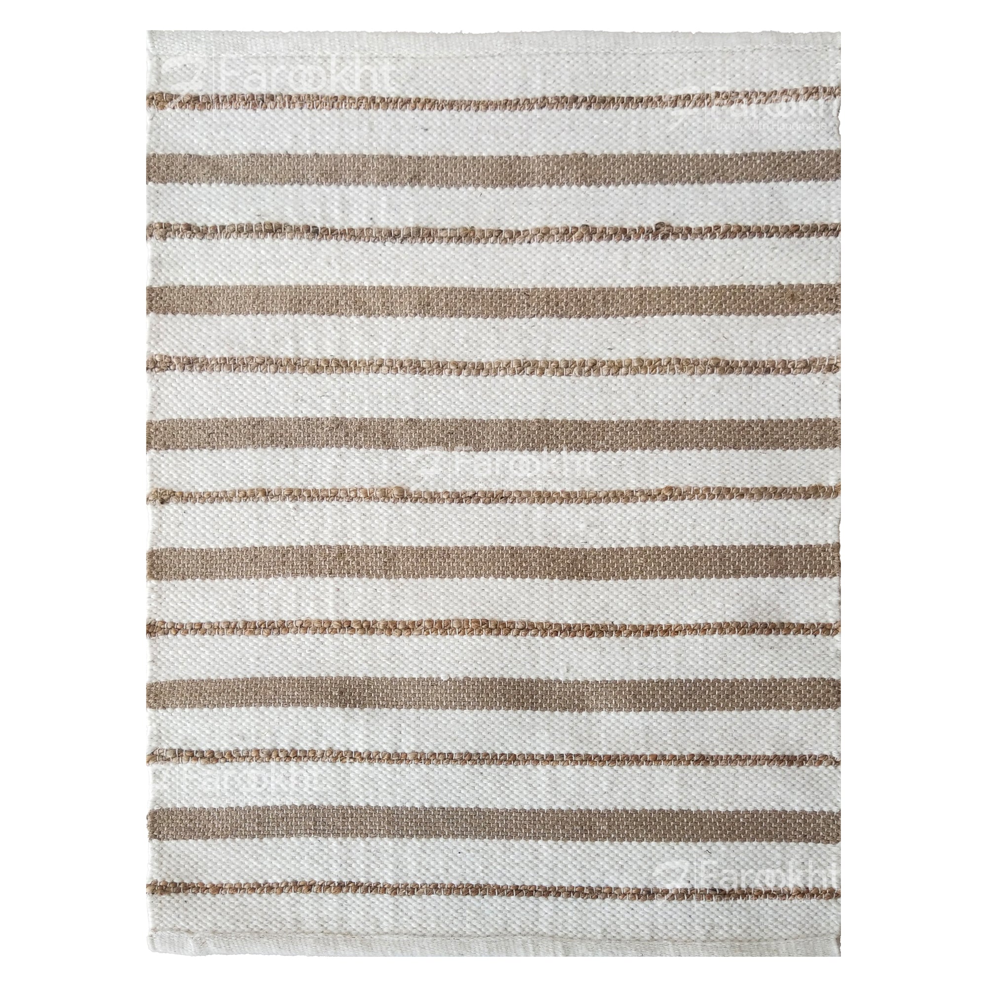 Striped rug with brown and white stripes on a white background
