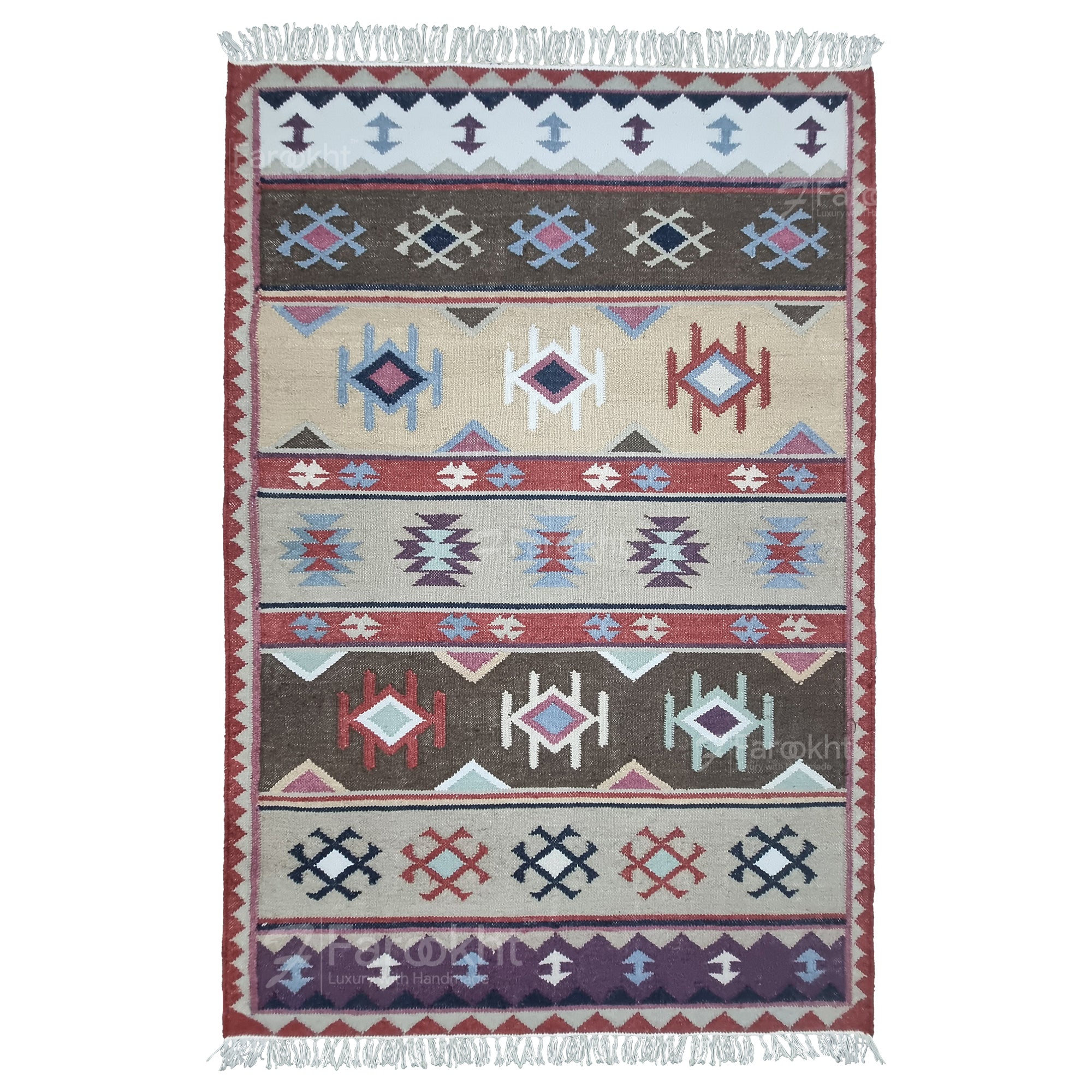 Handwoven rust beige geometric wool-blend rug with teal and purple accents, fringe edges and tribal pattern. Available in multiple sizes for all living spaces