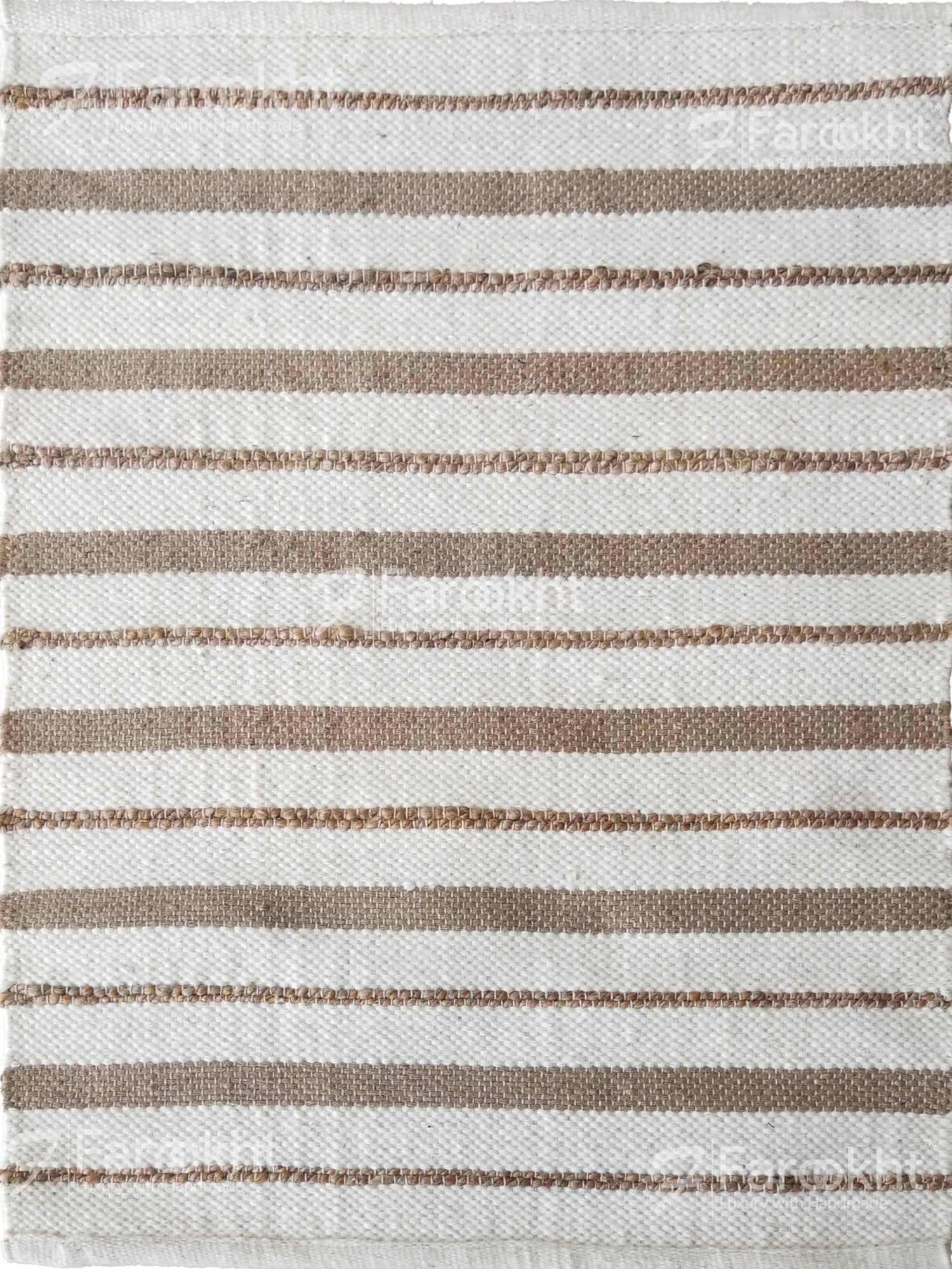 Striped rug with brown and beige stripes on a white background