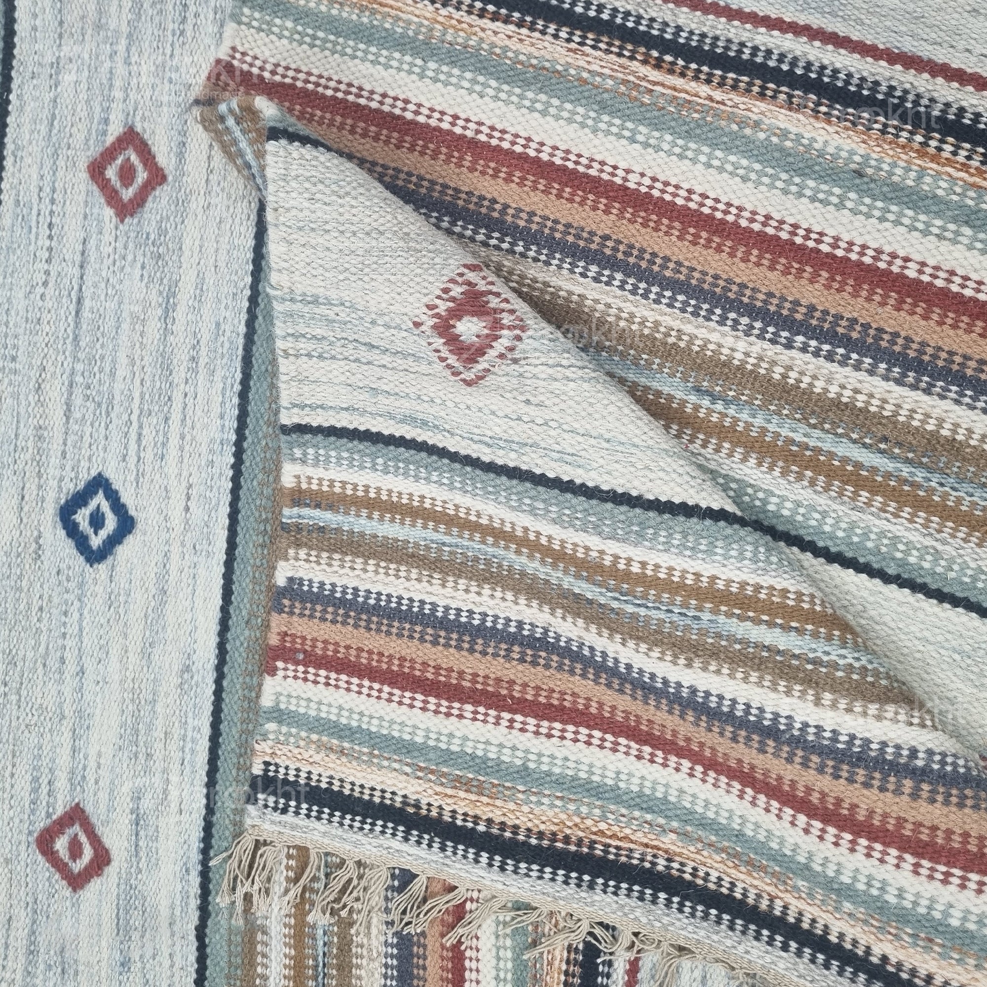 Cream Geometric Handwoven Wool Flatweave Area Rug