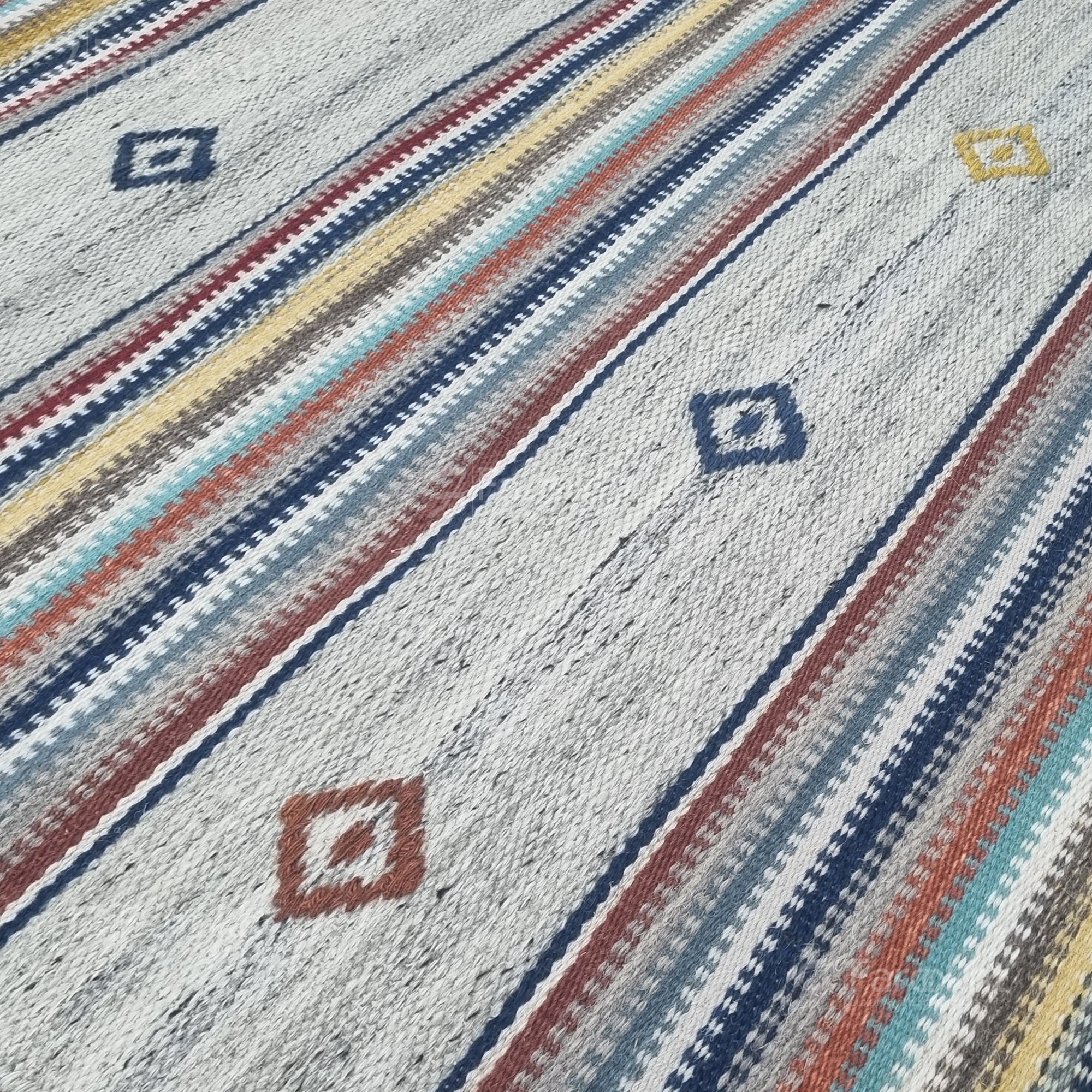 Close-up of a textured rug with colorful stripes and geometric patterns.
