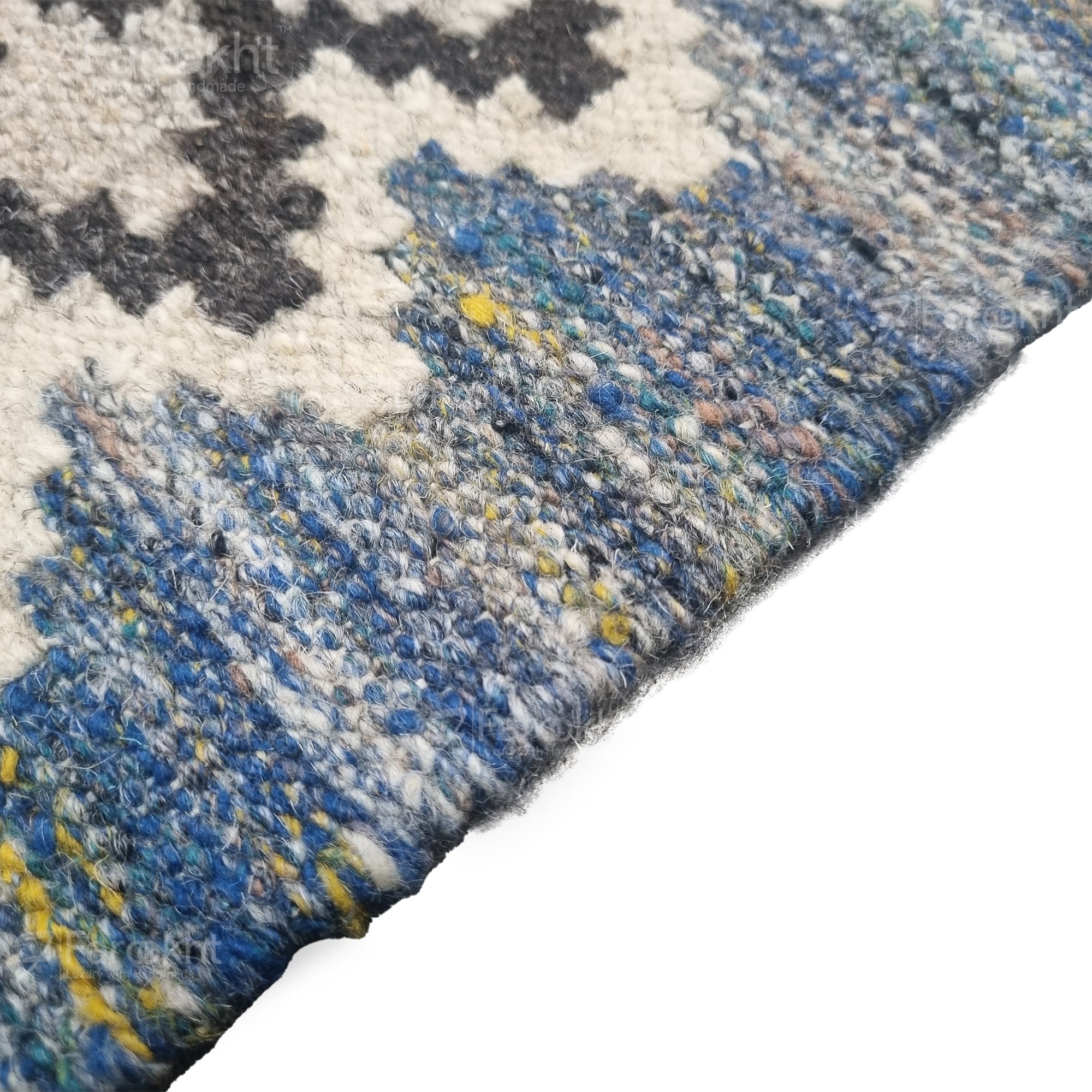 Close-up of a textured rug with blue, gray, and white pattern on a white background