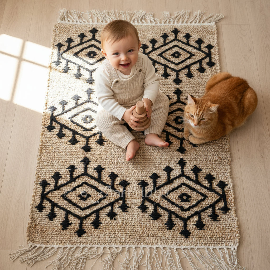 Woven mat with black geometric patterns on a white background