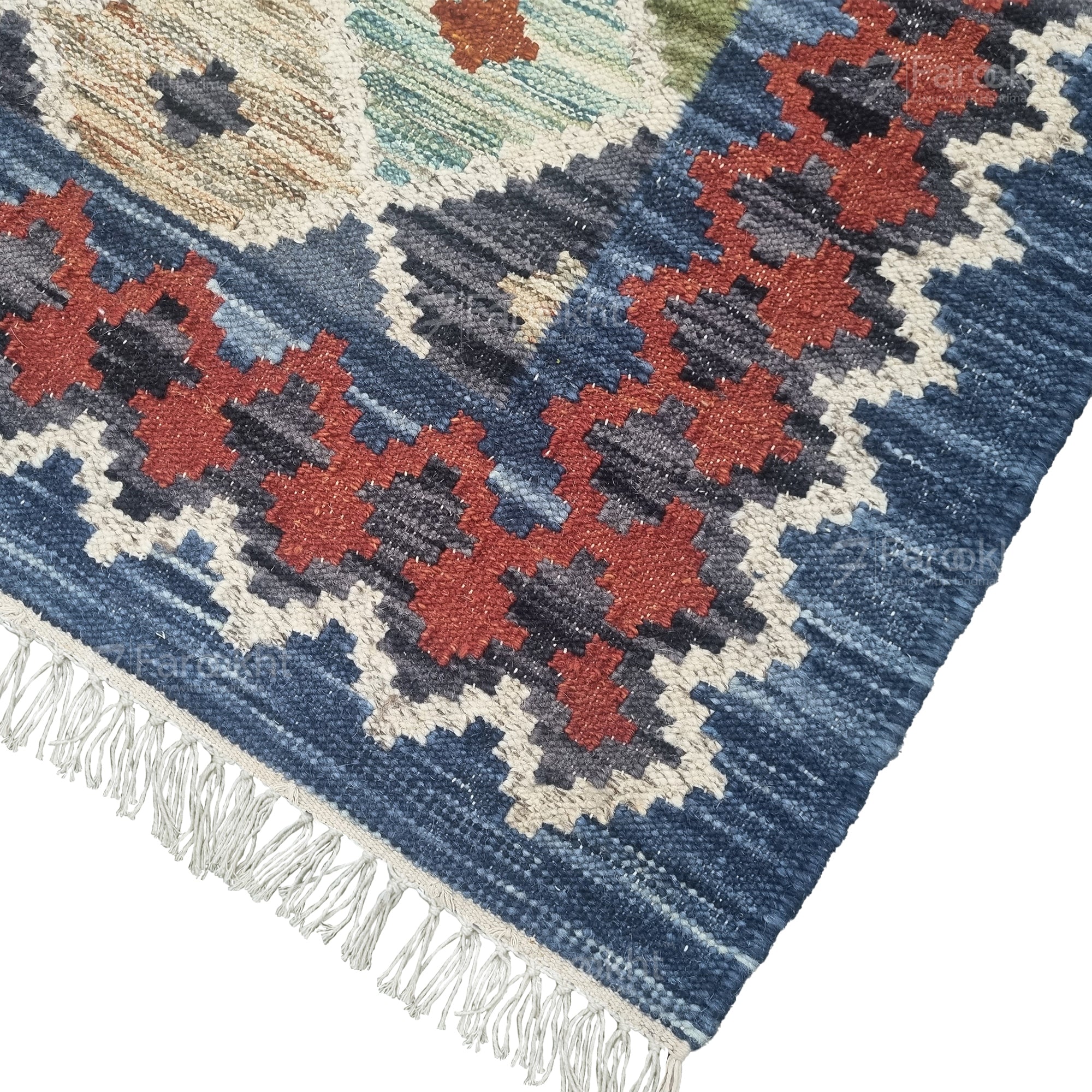 Navy Geometric Handwoven Wool Blend Area Rug | Farookht
