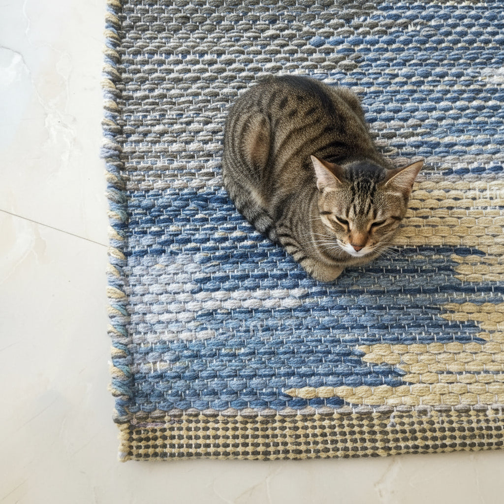 Close-up of a blue and beige patterned rug on a light-colored floor.