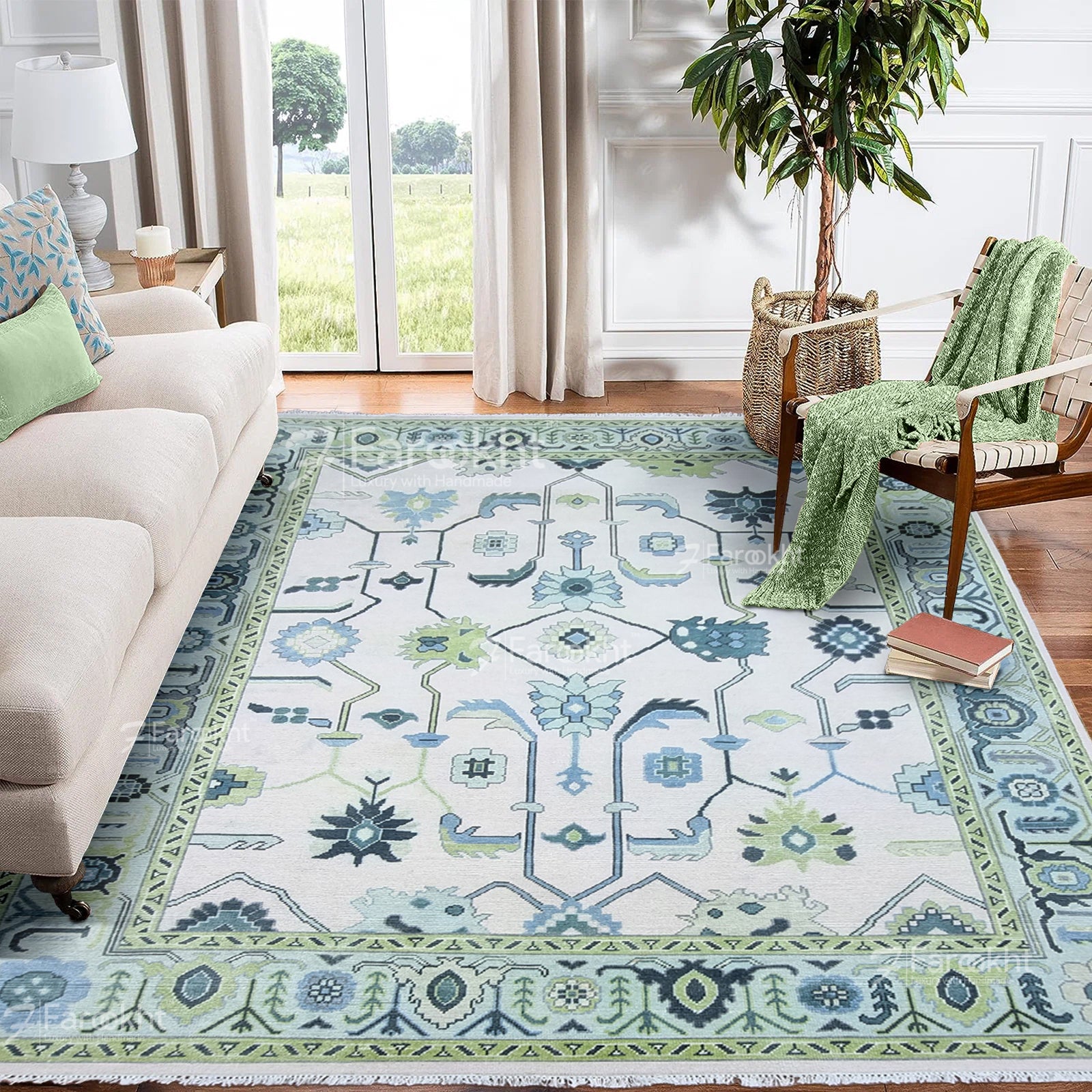 Green Hand Knotted Oushak Rugs and Carpets