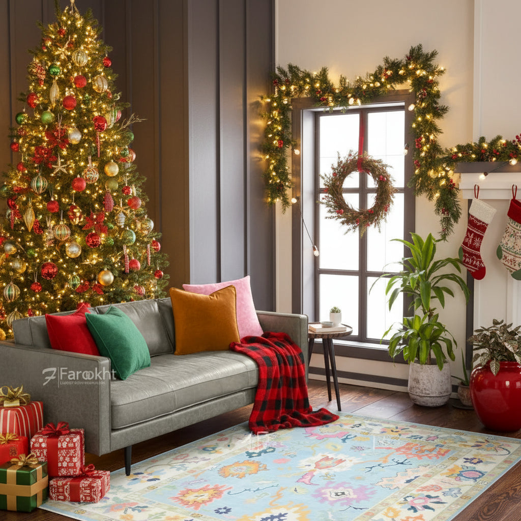 Colorful floral-patterned rug in a living room with a sofa and decorative pillows.