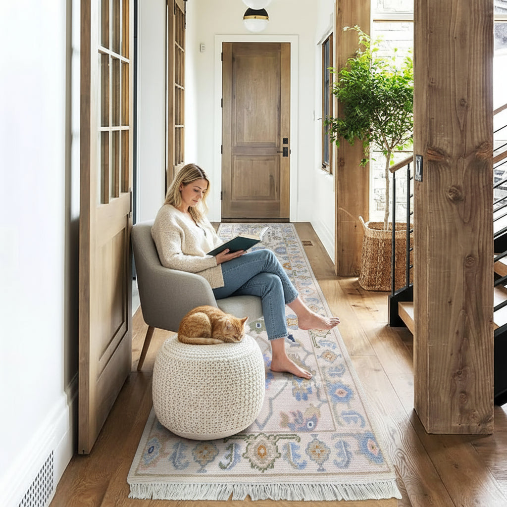 Long decorative rug on a wooden floor with a wooden door and plant in the background