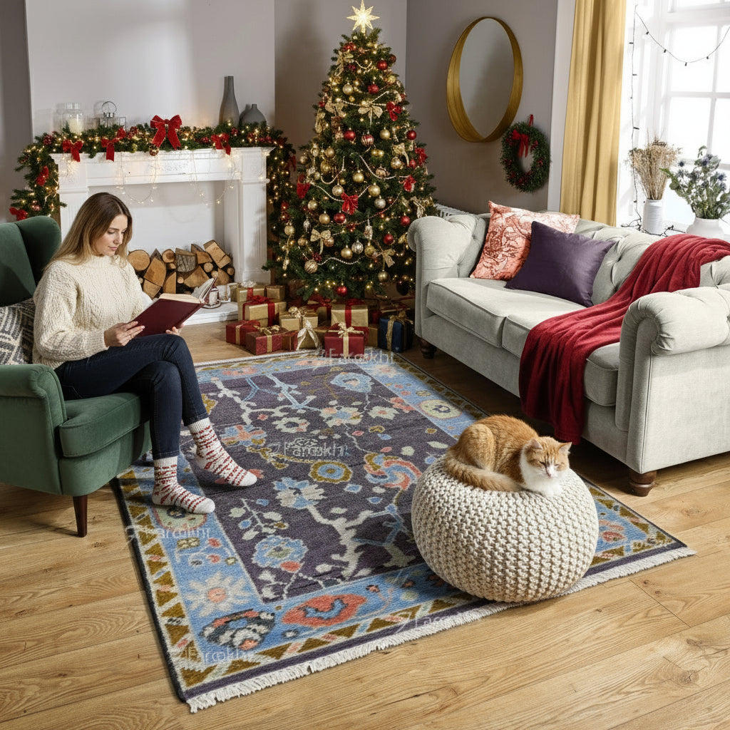 Hand-knotted wool blend floral rug in multicolor design for USA living rooms