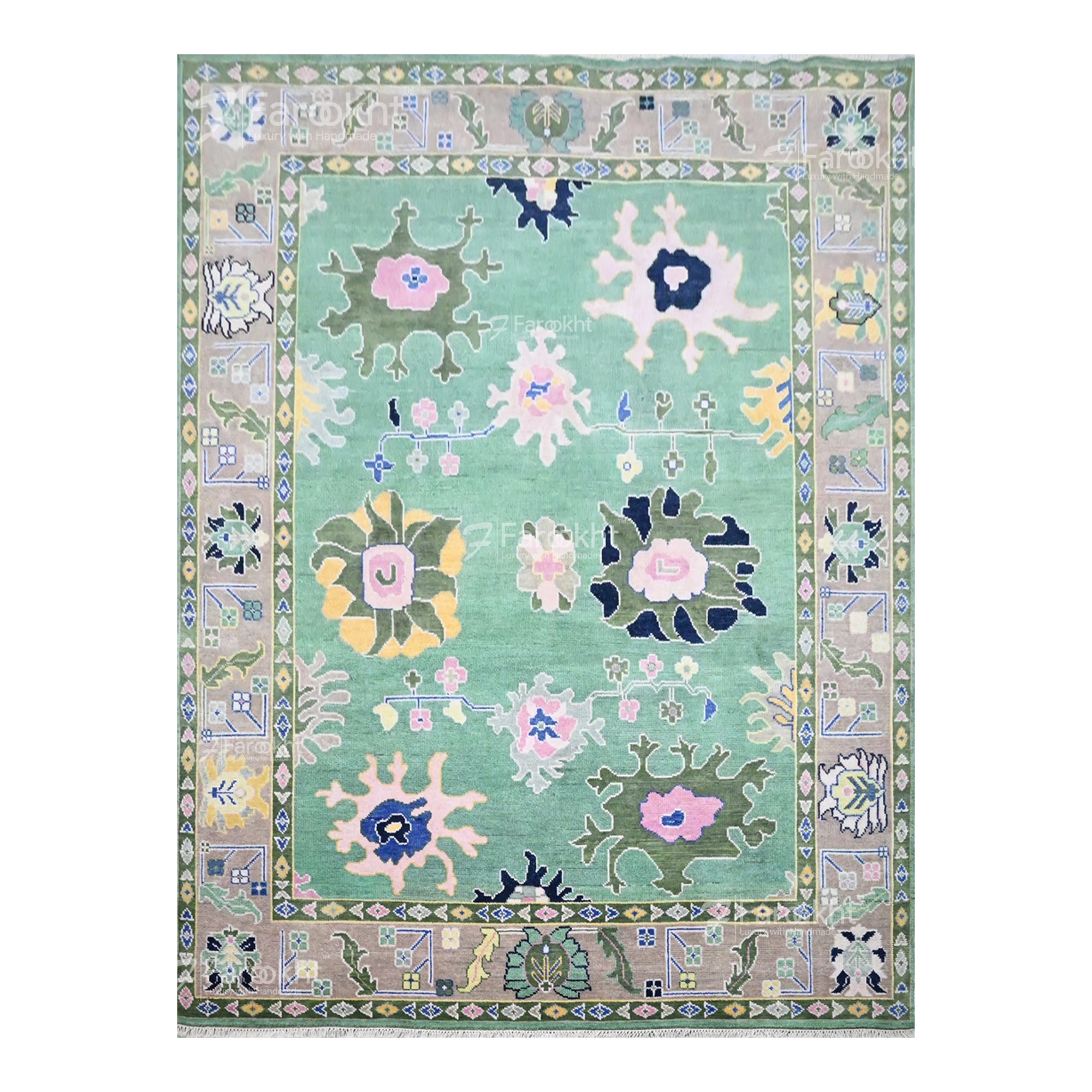 Decorative rug with floral patterns on a light green background