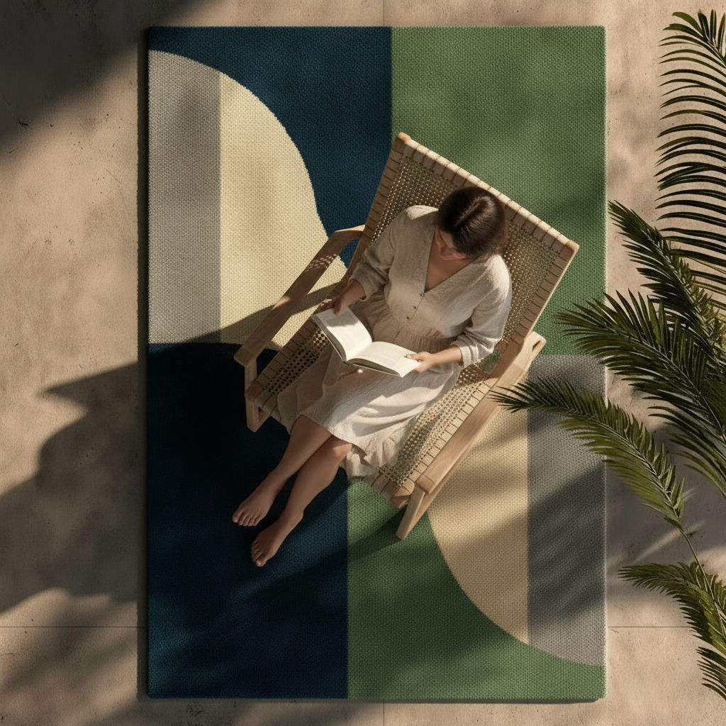 Woman reading a book on a wicker chair with a colorful geometric rug