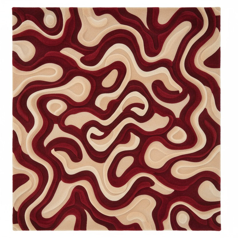 Hand-tufted abstract wool rug with burgundy and beige swirl pattern on cream background