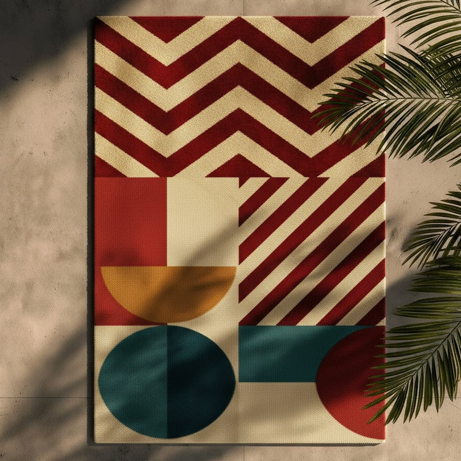 Geometric patterned rug with chevron design on a beige floor
