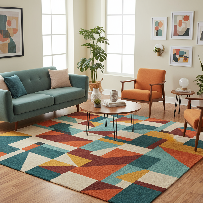 abstract geometric mid century modern rug with multicolor in living room interior decoration and area 1:1