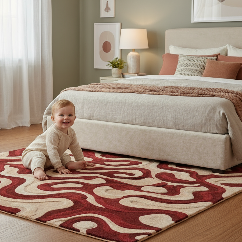 Beige and burgundy modern art rug for living room and bedroom interiors