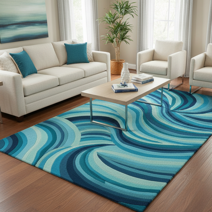 Living room with a blue and green wavy rug, white sofa, and coffee table.