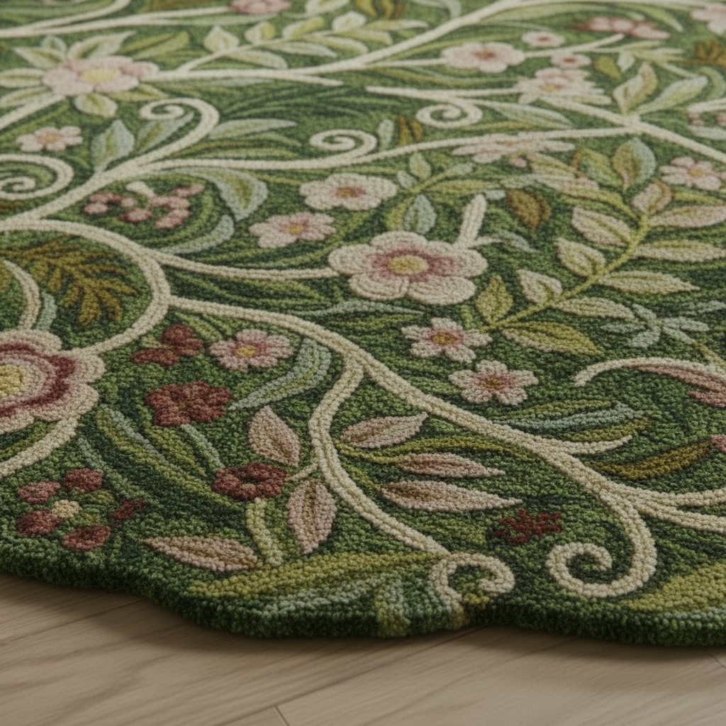 Green and ivory floral wool rug adding warmth and style to minimalist modern home interiors.