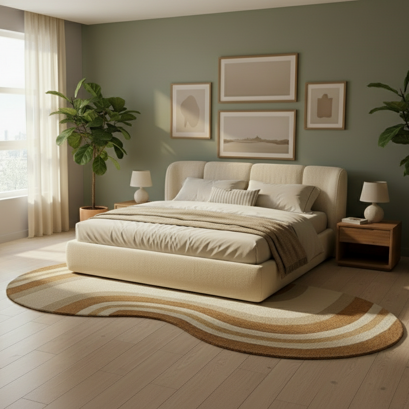 Modern bedroom with a large bed, side tables, and framed artwork on the wall.